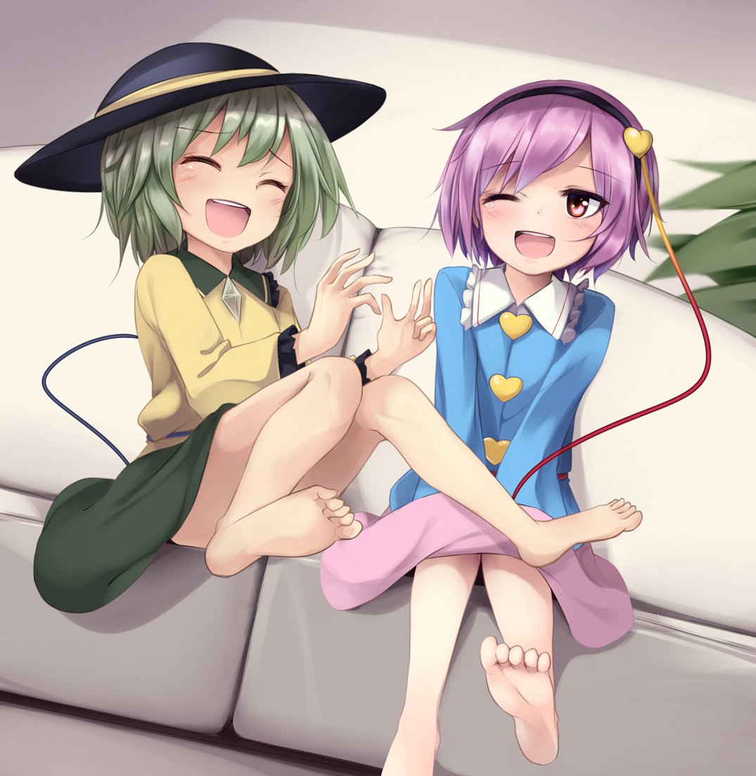 2girls :d ^_^ ^o^ arai_togami barefoot buttons closed_eyes collar convenient_censoring convenient_leg couch crystal frilled_collar frills full_body green_hair green_skirt hairband happy_tears heart indoors jacket komeiji_koishi komeiji_satori laughing legs_up long_sleeves multiple_girls on_couch open_mouth pink_eyes pink_hair pink_skirt plant potted_plant round_teeth short_hair siblings sisters sitting skirt smile soles string teardrop tears teeth toes touhou v_arms yellow_jacket