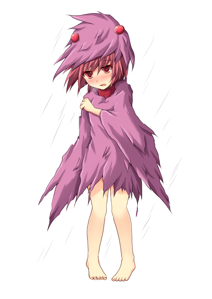 1girl barefoot blush coat commentary_request cross_(crossryou) female hat open_mouth personification rain red_eyes red_smogy redhead solo the_ultraman ultra_series wide_sleeves