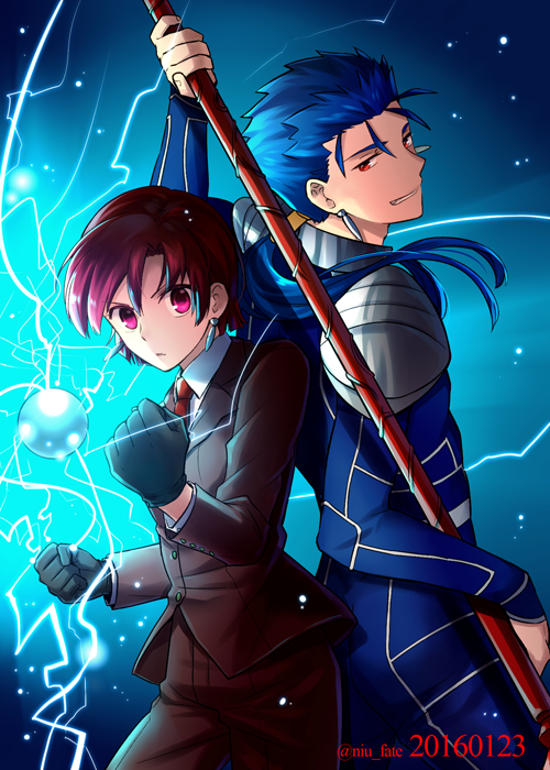 1boy 1girl 2016 armor bazett_fraga_mcremitz black_gloves blue_background blue_hair bodysuit clenched_hand cowboy_shot dated earrings fate/hollow_ataraxia fate_(series) formal fragarach gae_bolg gloves grin jewelry lancer long_hair looking_at_viewer necktie niu_illuminator orb pant_suit ponytail red_eyes red_necktie redhead serious short_hair shoulder_armor smile suit twitter_username