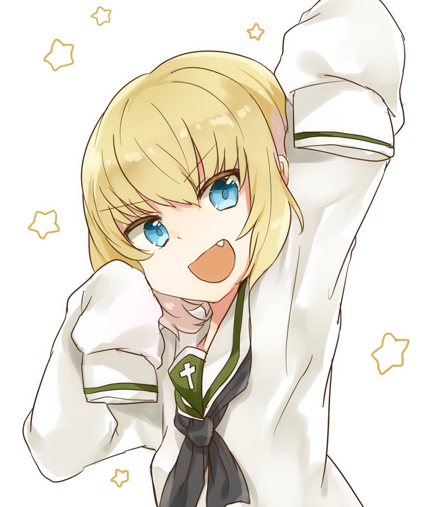 1girl bangs blonde_hair blue_eyes cosplay fang girls_und_panzer katyusha koretsuna long_sleeves looking_at_viewer neckerchief open_mouth oversized_clothes school_uniform serafuku short_hair sleeves_past_wrists smile solo standing star starry_background upper_body waving white_background white_blouse