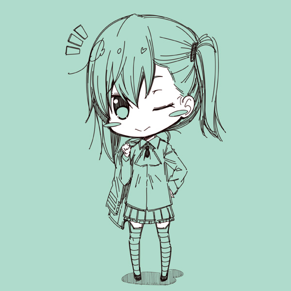 1girl :&gt; alternate_hairstyle ascot bangs blush_stickers chibi closed_mouth green_background hand_on_hip holding_jacket jacket jacket_over_shoulder jacket_removed kantai_collection kouji_(campus_life) long_sleeves monochrome one_eye_closed pleated_skirt ponytail shirt side_ponytail sketch skirt solo suzuya_(kantai_collection) thigh-highs untucked_shirt
