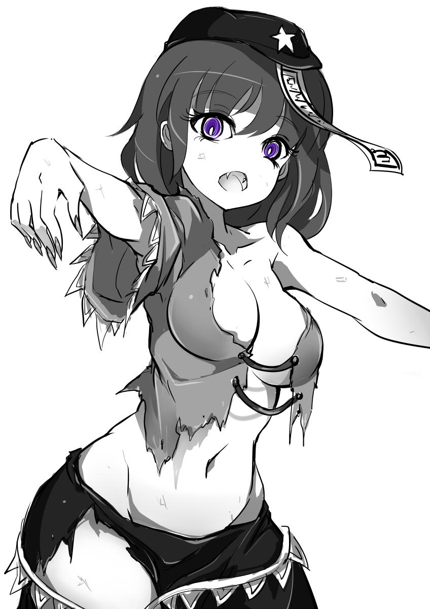 1girl armpit_peek bangs breasts fangs hat highres looking_at_viewer miyako_yoshika monochrome navel ofuda open_mouth outstretched_arms raptor7 short_sleeves skirt solo spot_color star torn_clothes torn_skirt touhou violet_eyes