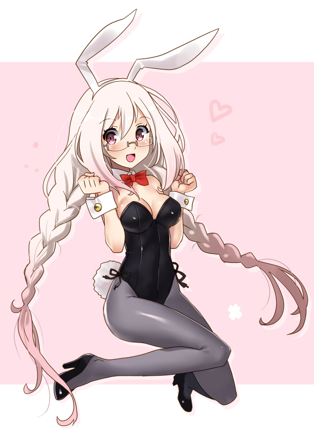 1girl :d animal_ears anne_happy bare_shoulders black_legwear blonde_hair blush bow bowtie braid breasts bunny_girl bunny_tail bunnysuit cleavage detached_collar drill_hair fake_animal_ears glasses gradient_hair heart high_heels katahira_masashi kumegawa_botan large_breasts leotard long_hair looking_at_viewer multicolored_hair open_mouth pantyhose pink_eyes pink_hair rabbit_ears simple_background smile solo tail twin_braids twintails two-tone_hair very_long_hair wrist_cuffs