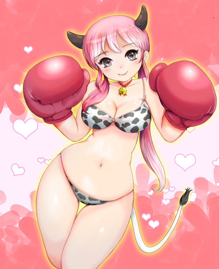 1girl bangs bell bell_choker blush boxing_gloves breasts choker cleavage closed_mouth collarbone cow_horns cow_print cow_tail eyebrows eyebrows_visible_through_hair grey_eyes heart heart_background horns kazaana large_breasts long_hair looking_at_viewer low_ponytail navel original ponytail smile solo stomach string_bikini tail thigh_strap