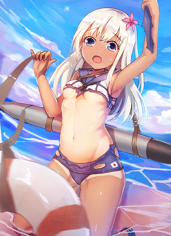 1girl arm_up armpits blonde_hair blue_eyes breasts clouds cloudy_sky flower hair_flower hair_ornament holding kantai_collection kneeling lifebuoy long_hair mix_(meini) navel neckerchief open_mouth partially_submerged ro-500_(kantai_collection) school_swimsuit sky solo sweatdrop swimsuit tan tanline torn_clothes torn_swimsuit torpedo under_boob