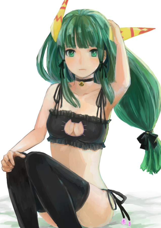 1girl bell bell_choker black_bow black_legwear black_panties bow breasts cat_cutout cat_lingerie choker cleavage expressionless feena_(grandia) grandia grandia_i green_eyes green_hair hair_bow lio_(lune24) long_hair looking_at_viewer low-tied_long_hair panties side-tie_panties sitting solo thigh-highs underwear white_background