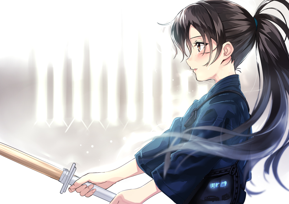 1girl black_hair blush bougu brown_eyes kendo kinugasa_yuuichi long_hair original ponytail shinai solo sword weapon