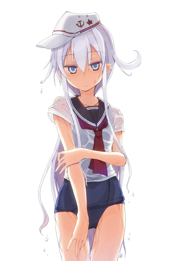 1girl alternate_hairstyle blue_eyes flat_cap hammer_and_sickle hat hibiki_(kantai_collection) kantai_collection long_hair looking_at_viewer mochiki neckerchief ponytail school_swimsuit school_uniform serafuku short_sleeves sidelocks silver_hair solo star swimsuit swimsuit_under_clothes tsurime verniy_(kantai_collection) water_drop wet wet_clothes white_background