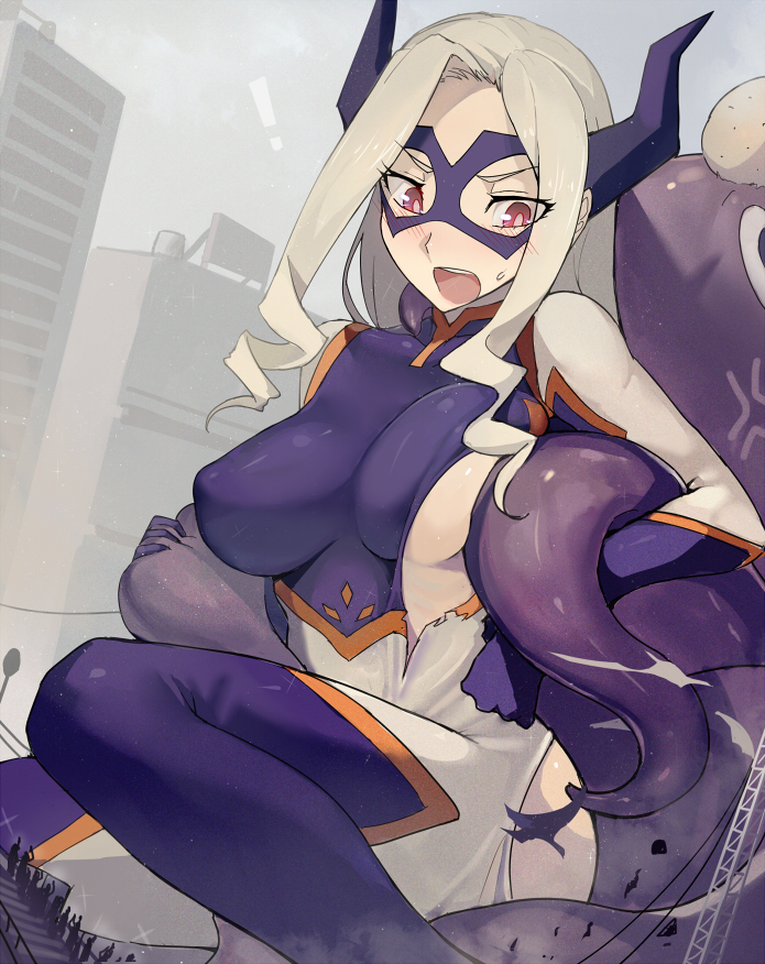 1girl blonde_hair blush bodysuit boku_no_hero_academia braid breasts city crowd face_mask giantess large_breasts long_hair mask monster mount_lady open_mouth red_eyes side_braid skin_tight tentacles torn_bodysuit torn_clothes walzrj