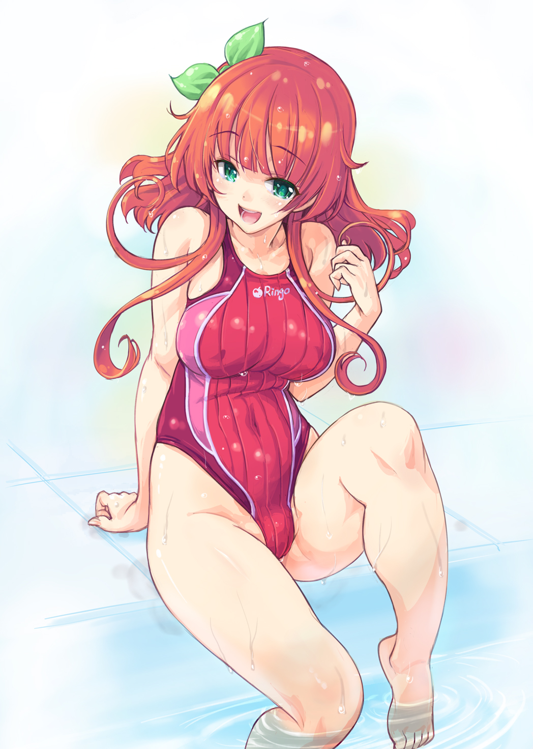 1girl barefoot blush breasts competition_swimsuit covered_nipples green_eyes hair_ribbon highres kiyama_satoshi long_hair md5_mismatch one-piece_swimsuit open_mouth original redhead ribbon sitting smile soaking_feet solo swimsuit water wet