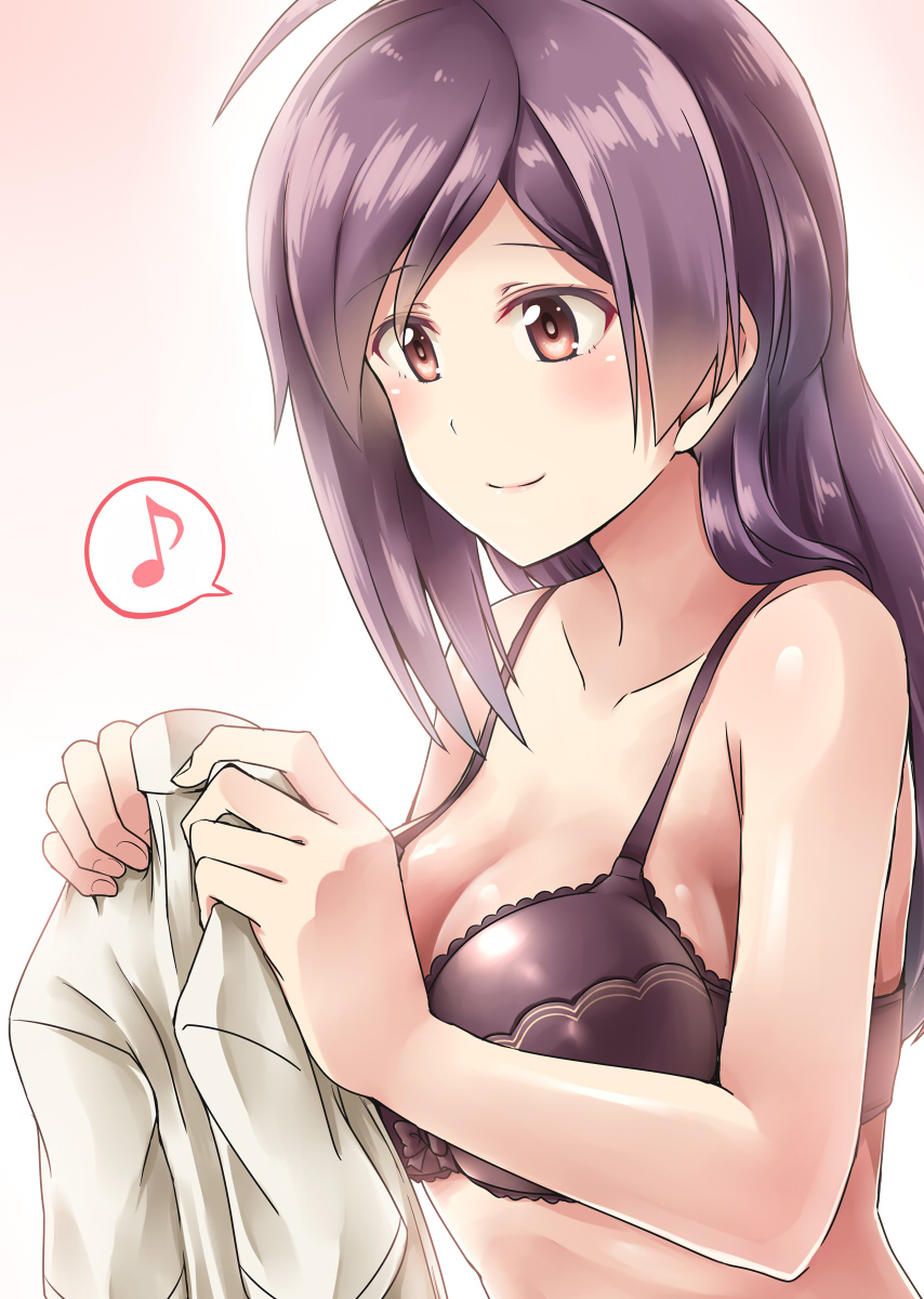 1girl ahoge bra hagikaze_(kantai_collection) highres holding_clothes kamelie kantai_collection long_hair musical_note purple_hair quaver side_ponytail simple_background smile solo speech_bubble spoken_musical_note underwear