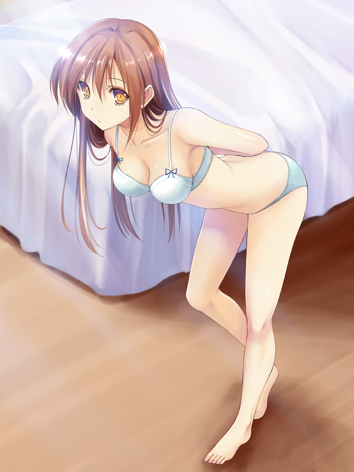 1girl arms_behind_back bare_shoulders barefoot bed bed_sheet bent_over bra brown_eyes brown_hair collarbone long_hair looking_at_viewer original panties shadow solo standing takepon underwear underwear_only undressing