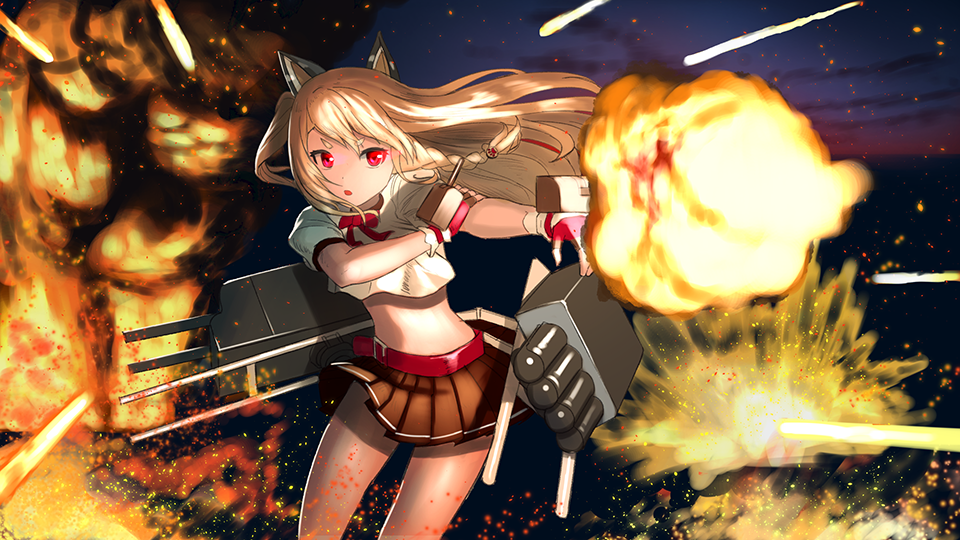 1girl :o animal_ears arm_grab azur_lane bangs black_skirt braid cannon commentary_request crop_top explosion eyebrows_visible_through_hair firing light_brown_hair long_hair looking_at_viewer machinery midriff night night_sky outdoors parted_lips pleated_skirt red_belt school_uniform serafuku shirt short_sleeves side_braid skirt sky solo thick_eyebrows turret very_long_hair violet_eyes wasabi60 white_shirt yuudachi_(azur_lane)