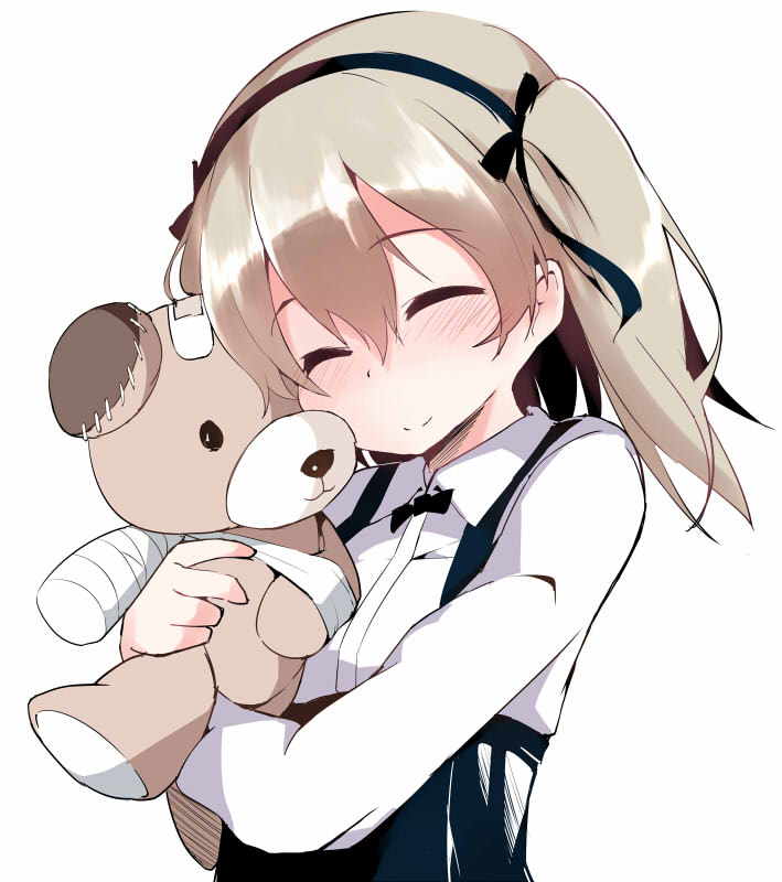 1girl bandages closed_eyes doll_hug girls_und_panzer hair_ribbon long_sleeves ribbon shimada_arisu shirt silver_hair smile solo stuffed_animal stuffed_toy teddy_bear tera_zip twintails upper_body