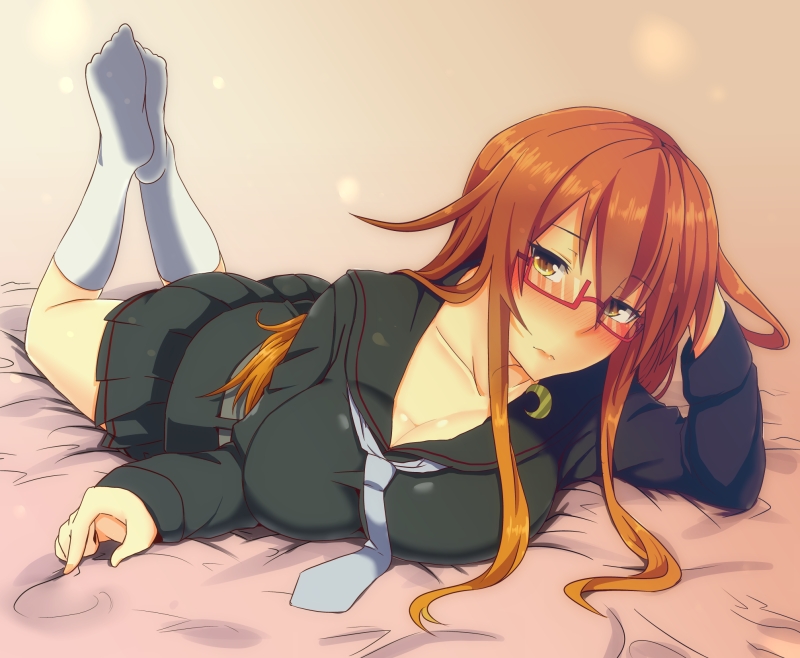 1girl alternate_breast_size black_serafuku blush breasts brown_eyes brown_hair crescent crescent_moon_pin glasses i_b_b_e kantai_collection large_breasts legs_up long_hair long_sleeves looking_at_viewer lying mochizuki_(kantai_collection) necktie older on_stomach red-framed_glasses school_uniform semi-rimless_glasses serafuku solo under-rim_glasses white_legwear white_necktie