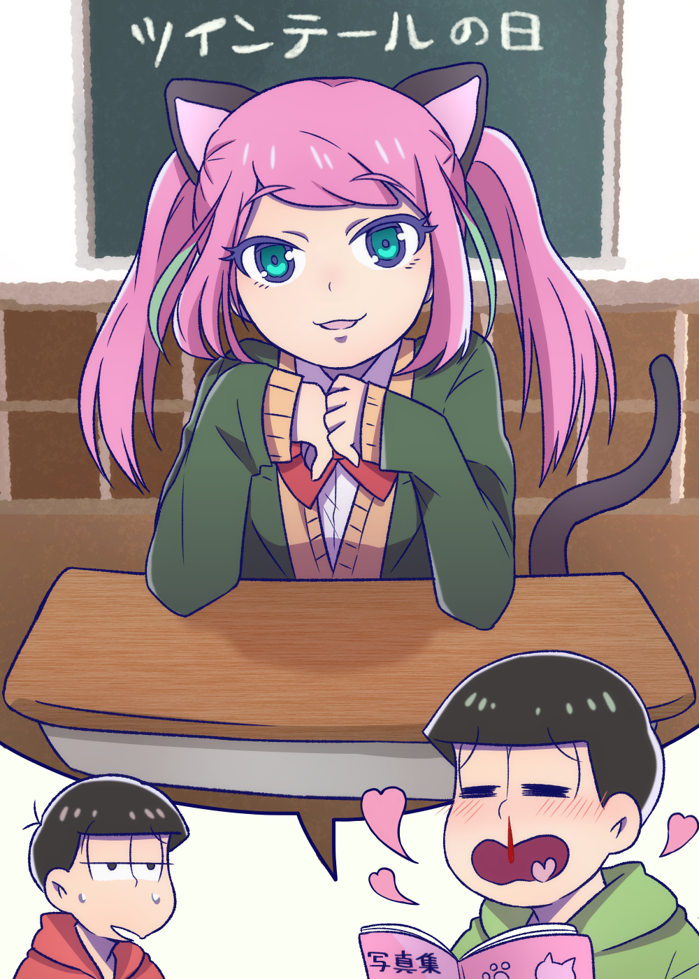 1girl 2boys :d =_= alternate_costume alternate_hairstyle animal_ears aqua_eyes bangs black_eyes black_hair blazer blood blush book brothers cat_ears cat_tail chalkboard classroom collared_shirt colored_eyelashes desk eyebrows eyebrows_visible_through_hair half-closed_eyes hashimoto_nyaa heart heart_in_mouth highres hood hoodie imagining jacket long_hair long_sleeves looking_at_another looking_at_viewer matsuno_choromatsu matsuno_osomatsu multicolored_hair multiple_boys nakajima_asuka nosebleed open_book open_mouth osomatsu-kun osomatsu-san pink_hair school_desk school_uniform shirt siblings smile streaked_hair sweater_vest tail thought_bubble twintails twintails_day white_shirt