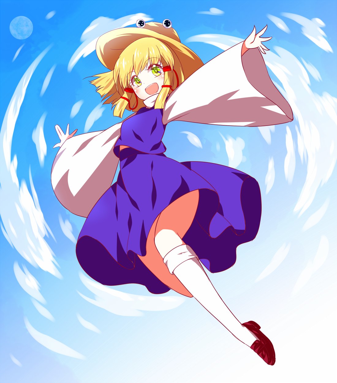 1girl :d blonde_hair blue_skirt blush clouds eyebrows eyebrows_visible_through_hair full_body hat highres loafers long_sleeves moon moriya_suwako open_mouth outstretched_arms red_shoes rie-co shoes sidelocks skirt sky smile solo spread_arms touhou turtleneck white_legwear wide_sleeves yellow_eyes