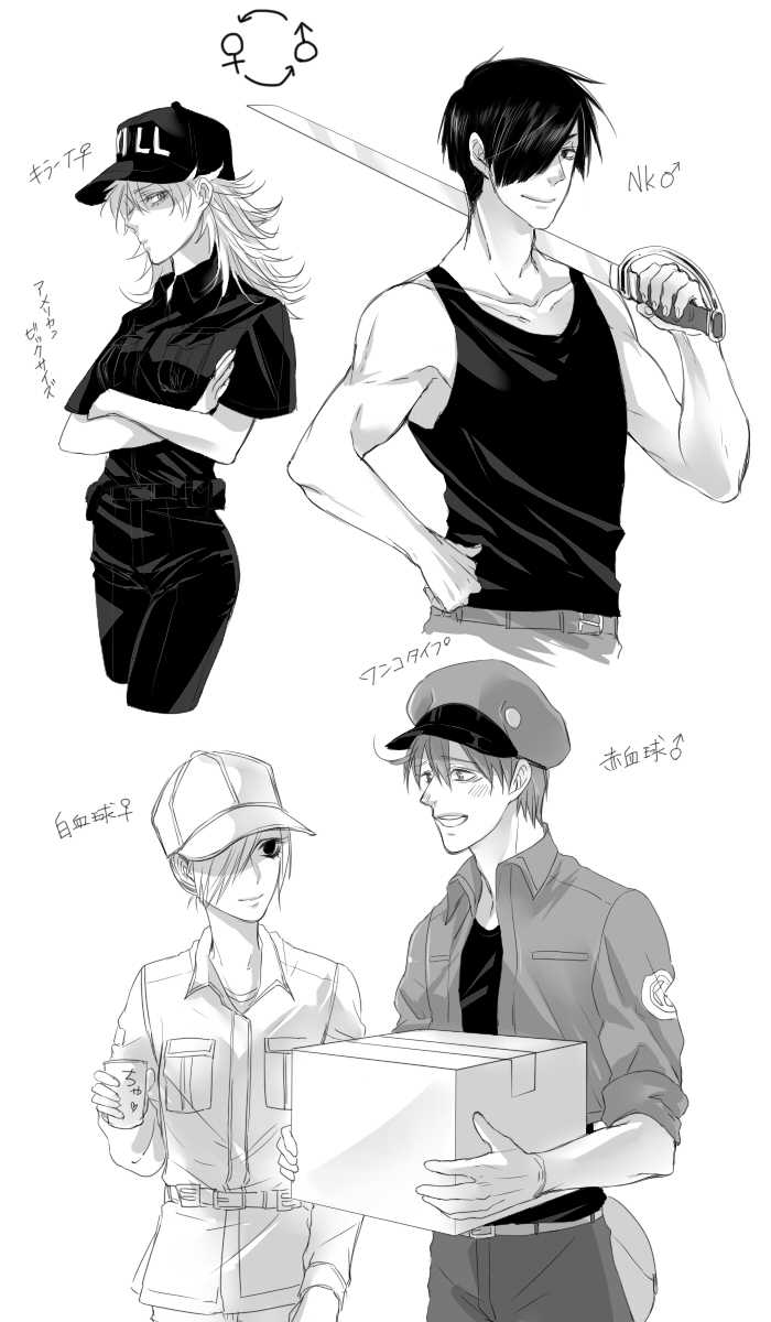 2boys 2girls beret bou_(maimoca501) box cardboard_box cup genderswap greyscale hair_over_eyes hand_on_hip hat hataraku_saibou highres monochrome multiple_boys multiple_girls neutrophil nk_cell red_blood_cell smile sword t_cell uniform upper_body weapon white_blood_cell