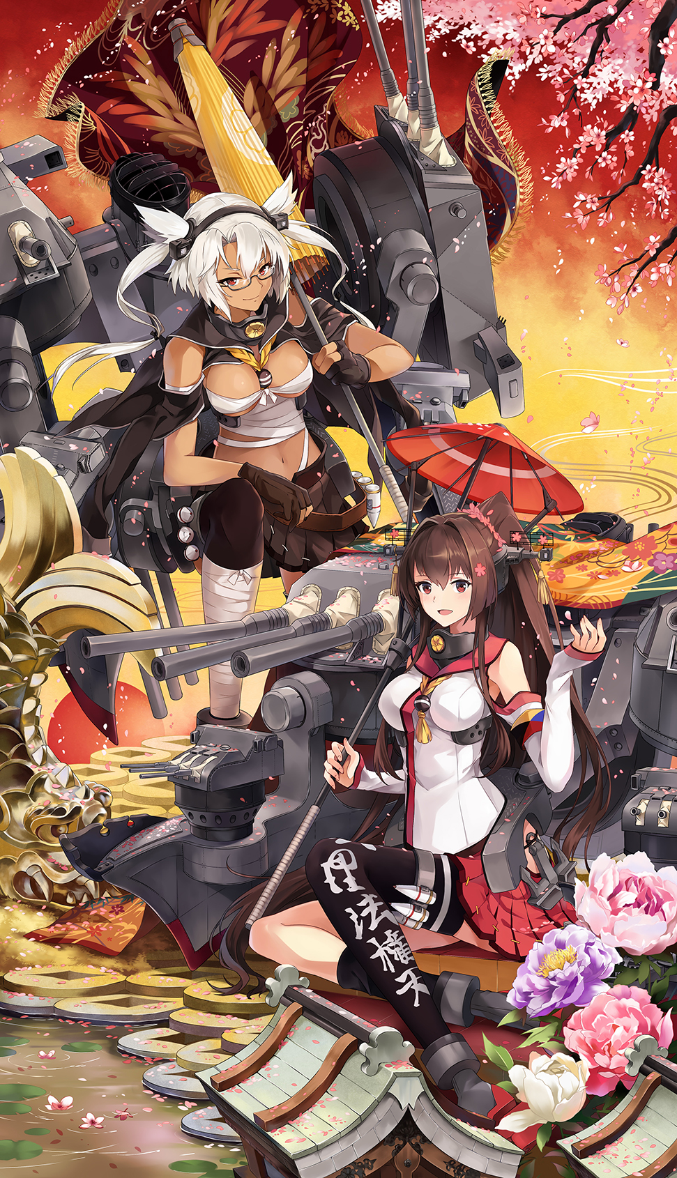 2girls antennae black_gloves breasts brown_eyes brown_hair budget_sarashi cannon cape cherry_blossoms clothes_writing detached_sleeves fingerless_gloves flower glasses gloves headgear highres kantai_collection large_breasts lily_pad long_hair machinery miniskirt multiple_girls musashi_(kantai_collection) navel neko_(yanshoujie) open_mouth oriental_umbrella peony_(flower) petals pointy_hair ponytail red_eyes sarashi shirt silver_hair single_thighhigh skirt smile thigh-highs tree umbrella very_long_hair yamato_(kantai_collection)