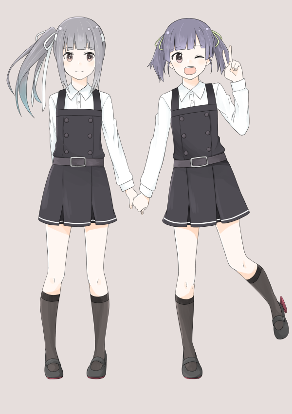 2girls arm_behind_back belt black_shoes blue_hair brown_eyes buttons dress grey_legwear hair_ribbon hamuzora headband holding_hands jumper kantai_collection kasumi_(kantai_collection) kneehighs long_hair long_sleeves multiple_girls one_eye_closed ooshio_(kantai_collection) open_mouth ponytail remodel_(kantai_collection) ribbon round_teeth school_uniform shoes short_hair side_ponytail silver_hair skirt sleeveless sleeveless_dress smile suspenders teeth twintails v