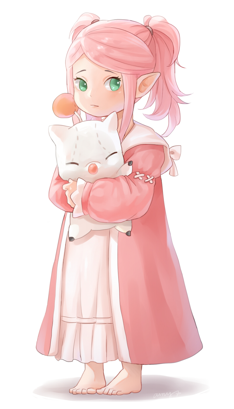 1girl amy30535 barefoot dress final_fantasy final_fantasy_xiv full_body green_eyes highres hug lalafell long_hair long_sleeves moogle nanamo_ul_namo pink_hair pointy_ears shadow simple_background solo stuffed_animal stuffed_toy twintails white_background