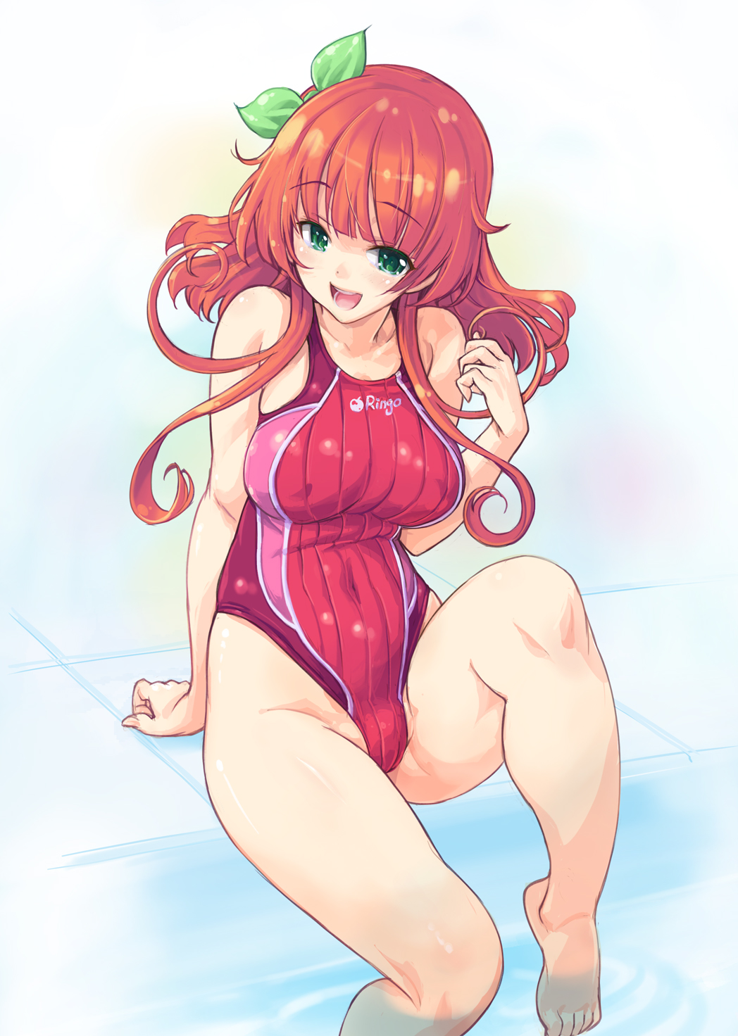 1girl barefoot blush breasts competition_swimsuit covered_nipples green_eyes hair_ribbon highres kiyama_satoshi long_hair md5_mismatch one-piece_swimsuit open_mouth original redhead ribbon sitting smile soaking_feet solo swimsuit water wet