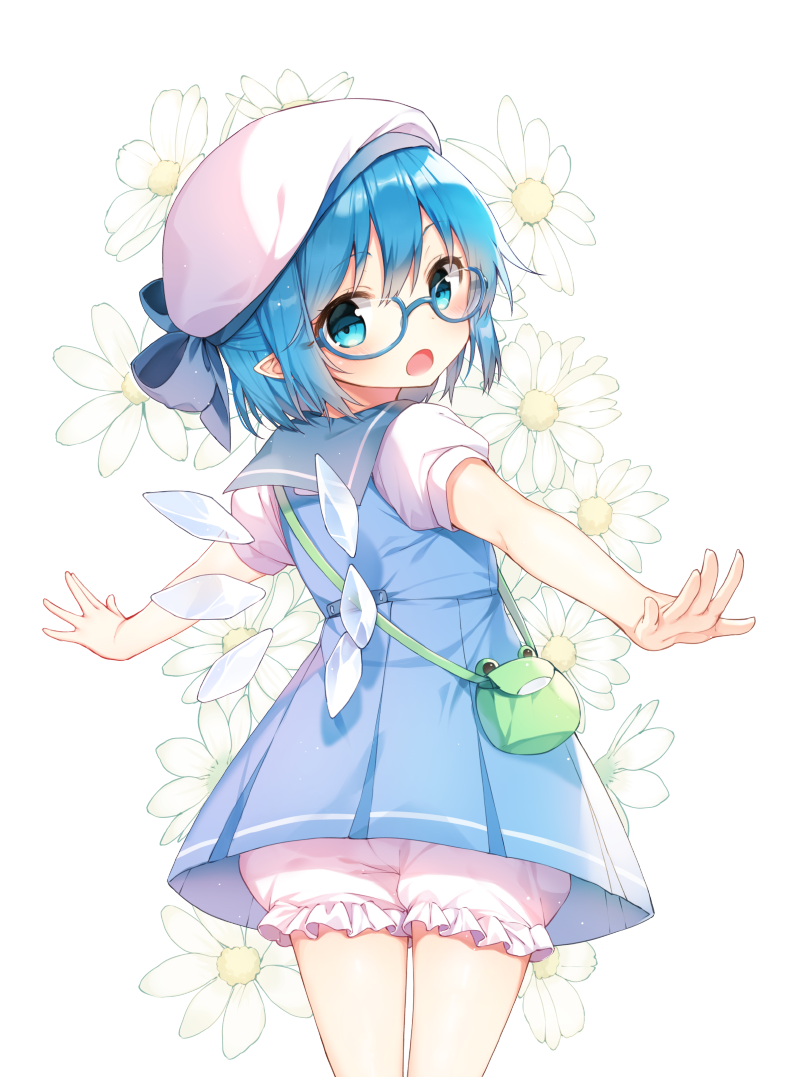 1girl :o adapted_costume bangs beret bespectacled bloomers blue-framed_glasses blue_bow blue_eyes blue_hair blush bow cirno cowboy_shot daisy floral_background flower from_behind glasses hair_bow hat ice ice_wings looking_at_viewer looking_back open_mouth outstretched_arms pointy_ears pouch puffy_short_sleeves puffy_sleeves sailor_collar semi-rimless_glasses shinoba short_sleeves simple_background solo spread_arms standing touhou under-rim_glasses underwear white_background white_hat wings