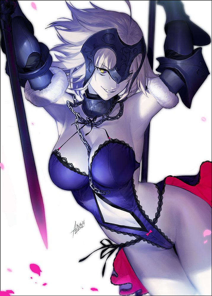 1girl azusa_(hws) breasts cape_removed chain character_name cleavage copyright_name fate/grand_order fate_(series) gauntlets grin helmet holding holding_sword holding_weapon jeanne_alter long_hair looking_at_viewer navel pale_skin ruler_(fate/apocrypha) ruler_(fate/grand_order) sheath smile solo sword teeth weapon white_hair yellow_eyes