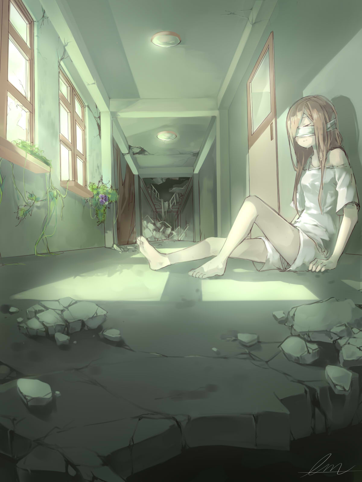 1girl artist_name bandage_on_face bandages barefoot broken_glass closed_eyes door glass hallway highres light lm_(linmiu39) long_hair off_shoulder on_floor original pink_hair plant rubble ruins shirt shorts signature silhouette sitting solo vines white_shirt window