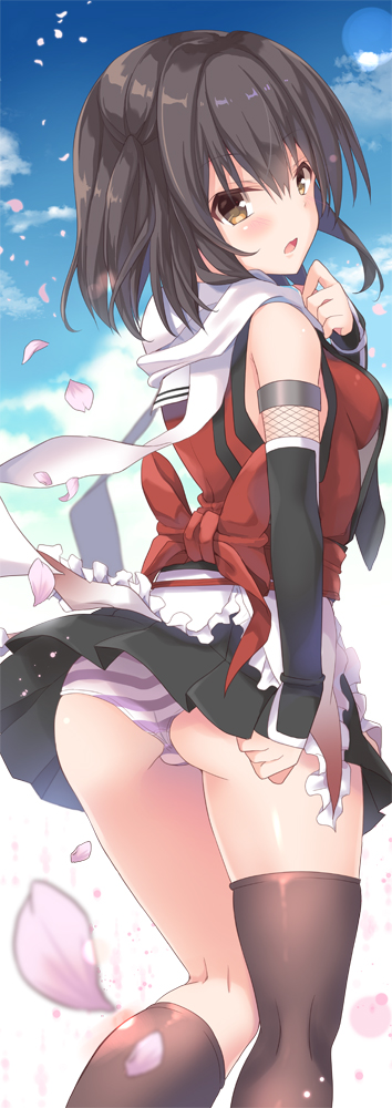 1girl asymmetrical_legwear bare_shoulders black_legwear black_skirt blue_sky blush breasts brown_eyes brown_hair clouds cloudy_sky elbow_gloves fingerless_gloves gloves kantai_collection kneehighs looking_at_viewer looking_back open_mouth panties pantyshot pantyshot_(standing) petals pleated_skirt remodel_(kantai_collection) ribbon scarf school_uniform sendai_(kantai_collection) serafuku single_kneehigh single_thighhigh skirt sky solo standing striped striped_panties takanashi_haruto thigh-highs two_side_up underwear white_scarf wind wind_lift