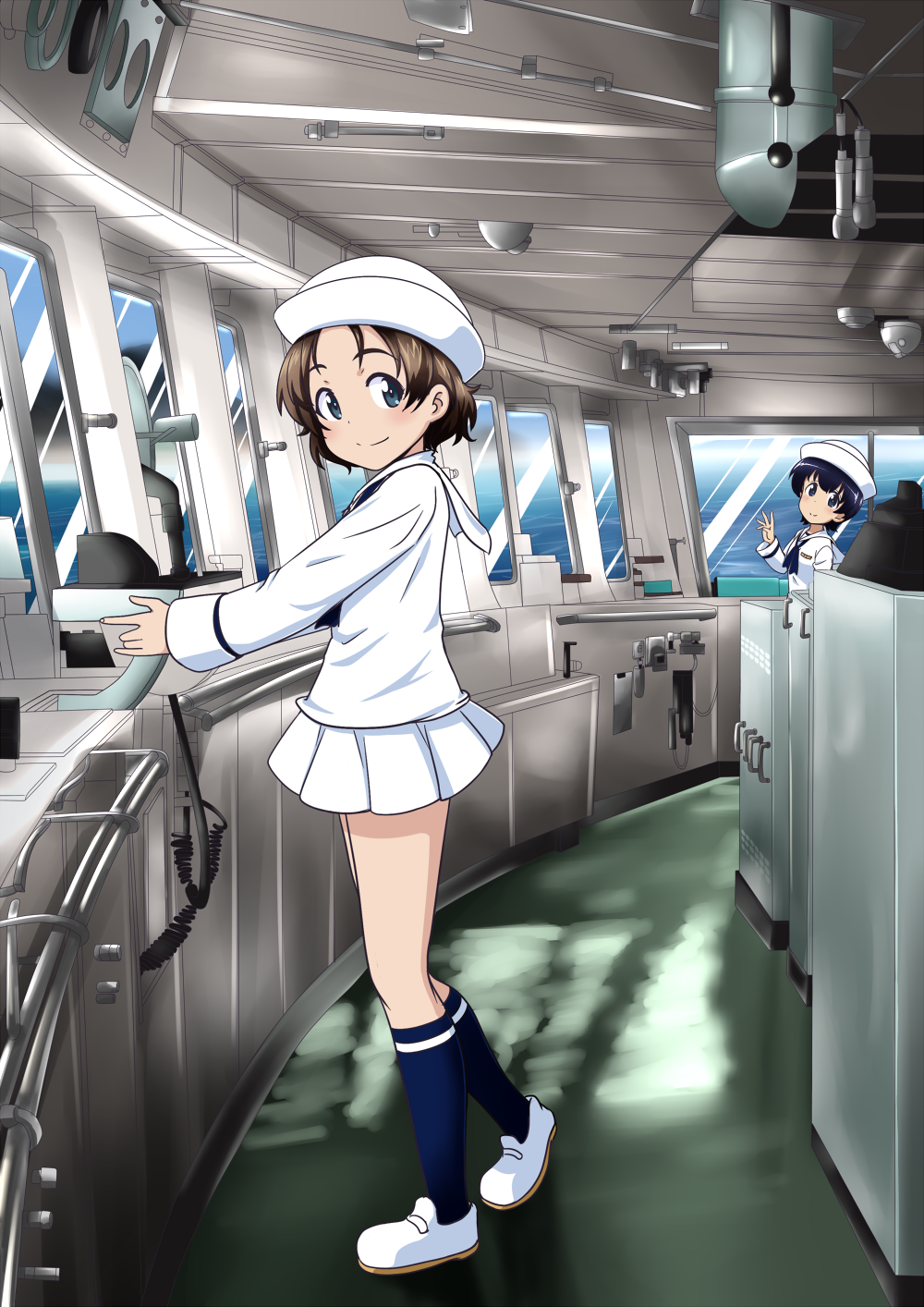 2girls blue_eyes blue_hair blue_legwear brown_hair commentary_request dixie_cup_hat extra girls_und_panzer hat highres indoors loafers long_sleeves looking_at_viewer military_hat miniskirt multiple_girls neckerchief nekota_susumu pleated_skirt sailor_hat school_uniform serafuku ship ship's_bridge ship_interior shoes short_hair skirt smile socks standing waving white_blouse white_shoes white_skirt