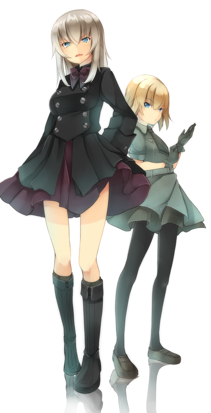2girls amai_nekuta arms_behind_back bangs black_boots black_dress black_gloves black_legwear black_shoes blonde_hair blue_eyes boots bow commentary dress full_body girls_und_panzer gloves green_dress highres itsumi_erika katyusha knee_boots loafers long_hair long_sleeves looking_at_viewer military military_uniform multiple_girls necktie pantyhose parted_lips petticoat pleated_dress shoes short_hair short_sleeves silver_hair socks standing uniform white_background