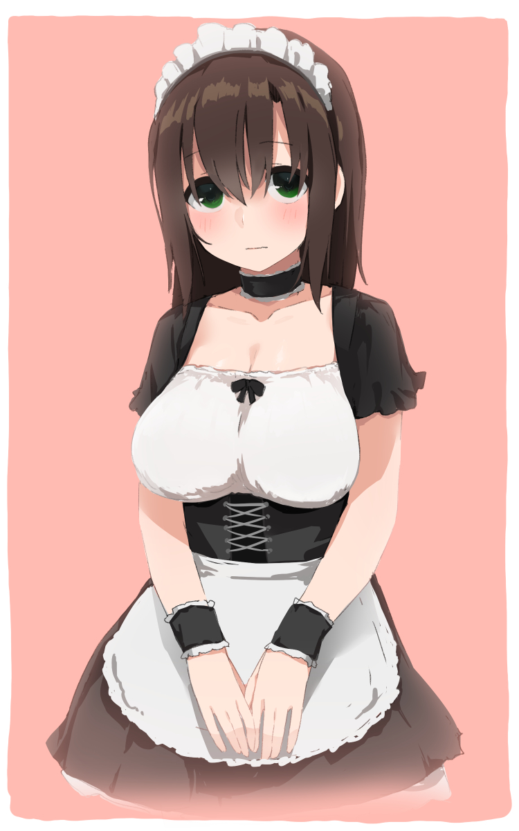 1girl apron breasts brown_hair choker frilled_choker frills green_eyes hair_over_eyes hakumei_kosen highres large_breasts long_hair maid maid_headdress original red_background solo v_arms wrist_cuffs