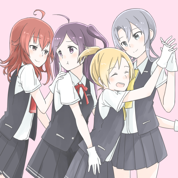 4girls ahoge arashi_(kantai_collection) asymmetrical_hair blonde_hair brown_eyes closed_eyes gloves hagikaze_(kantai_collection) hamuzora hand_on_another's_hip hand_on_another's_shoulder holding_hands kantai_collection kerchief long_hair looking_at_another maikaze_(kantai_collection) multiple_girls neck_ribbon necktie nowaki_(kantai_collection) open_mouth pleated_skirt ponytail pout purple_hair red_ribbon redhead ribbon school_uniform short_hair short_ponytail short_sleeves side_ponytail silver_hair simple_background skirt smile vest white_blouse white_gloves yellow_necktie