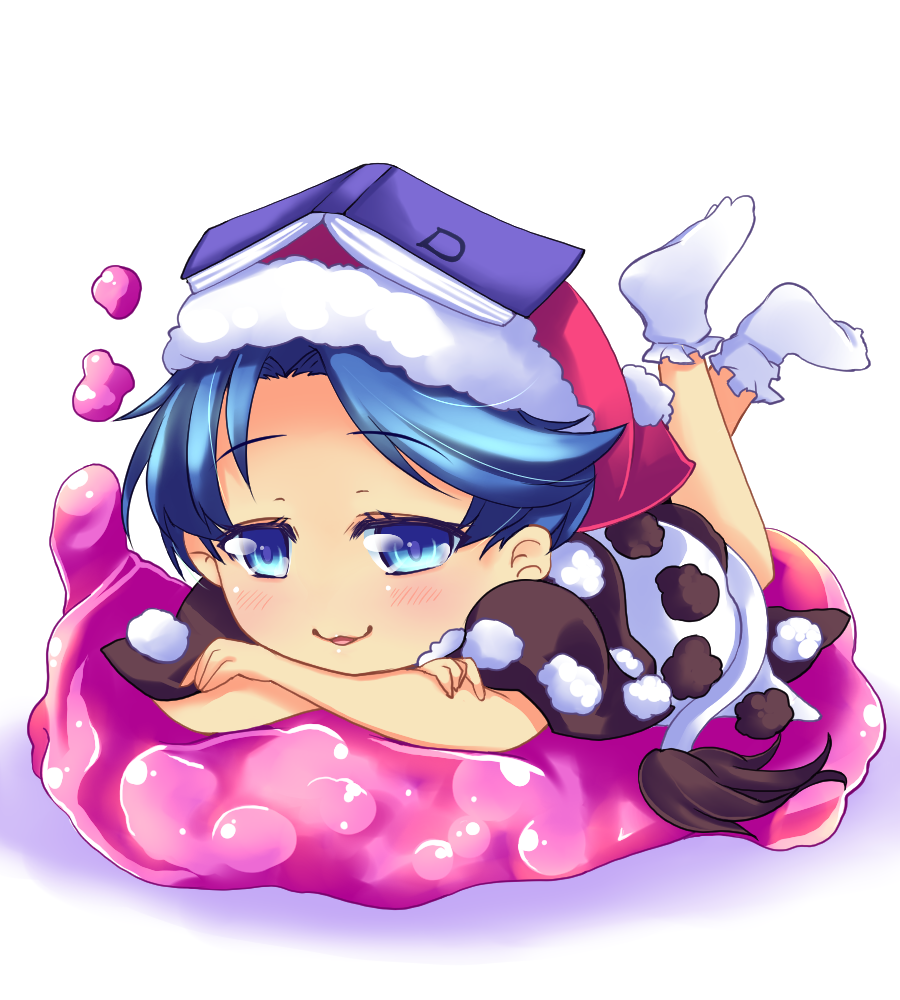 1girl blob blue_eyes blue_hair book book_on_head chibi doremy_sweet hat konata_gazel legs_up lying nightcap object_on_head on_stomach pom_pom_(clothes) solo tail touhou