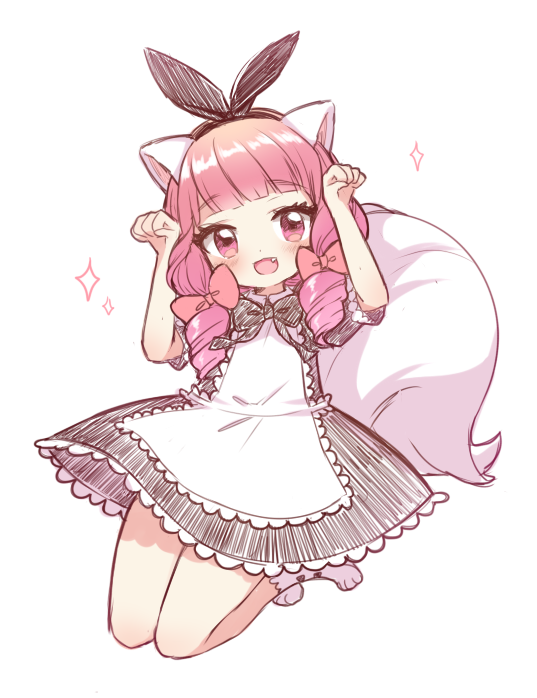 1girl animal_ears apron blade_&amp;_soul bow dress fang fox_ears jumping long_hair long_tail lyn_(blade_&amp;_soul) maid moorina open_mouth paw_pose pink_eyes pink_hair ribbon smile solo tail twintails