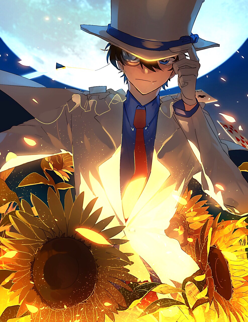 1boy blue_eyes brown_hair cape card flower formal gloves hat highres kaitou_kid kazu_(honoburo) kuroba_kaitou magic_kaito male_focus meitantei_conan monocle moon necktie short_hair suit sunflower top_hat