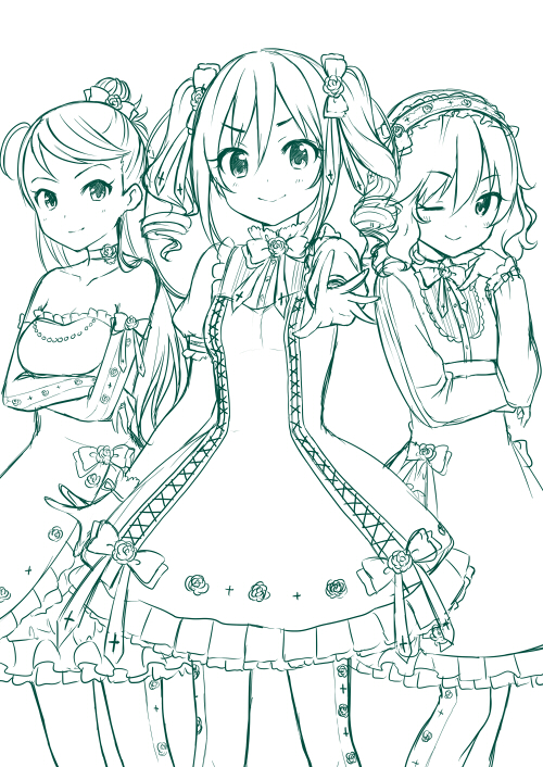 dress drill_hair gothic_lolita idolmaster idolmaster_cinderella_girls kanzaki_ranko kirino_aya lolita_fashion long_hair monochrome one_eye_closed sakurai_momoka short_hair sketch smile tottoto_tomekichi twin_drills