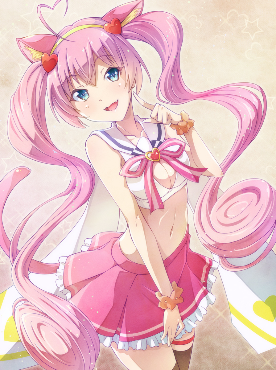 1girl ahoge animal_ears bare_shoulders blue_eyes breasts cat_ears cat_tail cleavage collarbone e20 fang finger_to_cheek frilled_skirt frills hair_ornament hairband heart heart_ahoge highres long_hair looking_at_viewer midriff navel open_mouth pink_hair pleated_skirt rosia_(show_by_rock!!) show_by_rock!! skirt sleeveless smile solo tail thigh-highs twintails very_long_hair