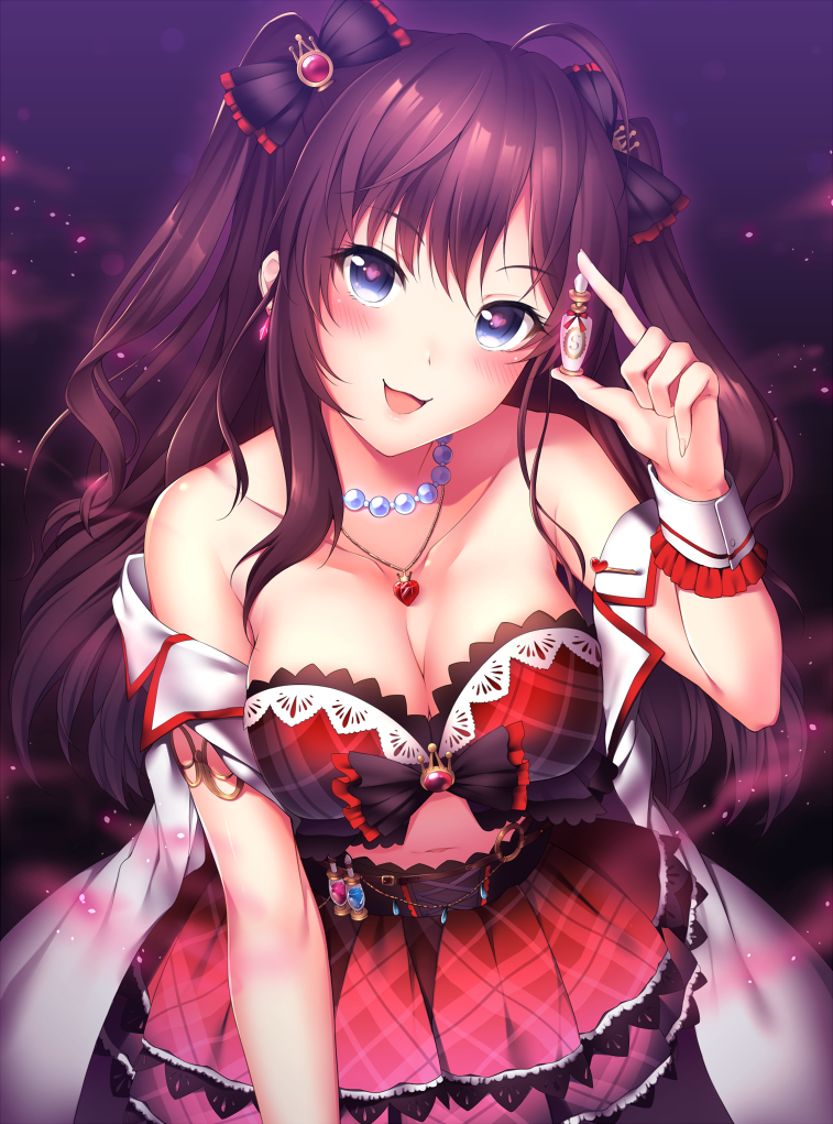 1girl bare_shoulders blue_eyes blush breasts brown_hair cleavage detached_sleeves earrings heart heart-shaped_pupils ichinose_shiki idolmaster idolmaster_cinderella_girls idolmaster_cinderella_girls_starlight_stage jewelry large_breasts long_hair looking_at_viewer necklace open_mouth pearl_necklace pendant smile solo symbol-shaped_pupils wrist_cuffs yomono