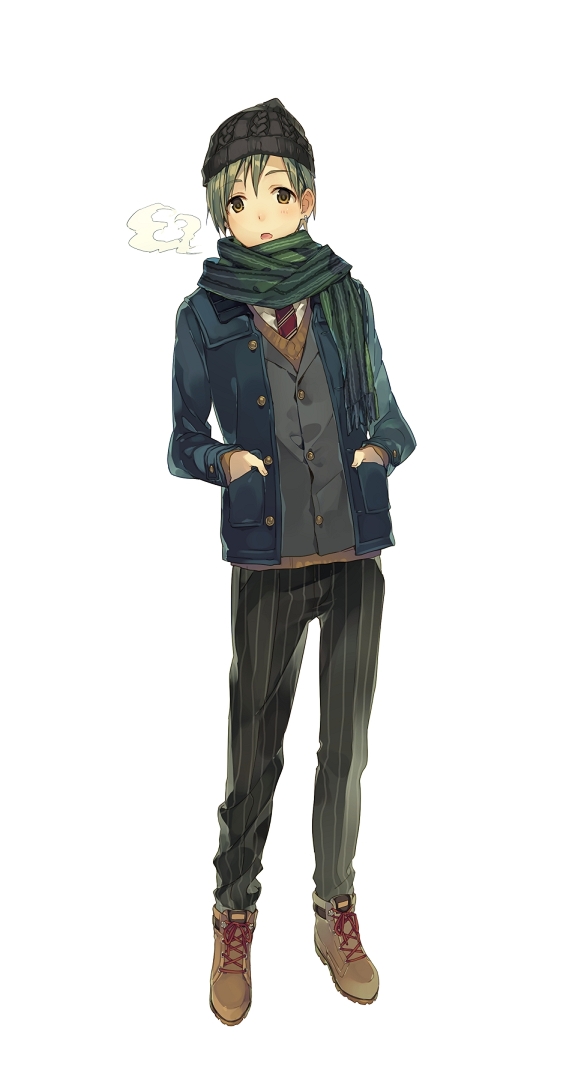 1boy beanie blue_jacket boots breath brown_boots brown_eyes brown_sweater eyebrows_visible_through_hair full_body green_hair green_scarf grey_jacket grey_pants hands_in_pockets hat jacket long_sleeves looking_at_viewer male_focus natsu_natsuna necktie original pants parted_lips scarf shirt simple_background solo standing striped striped_pants sweater white_background white_shirt