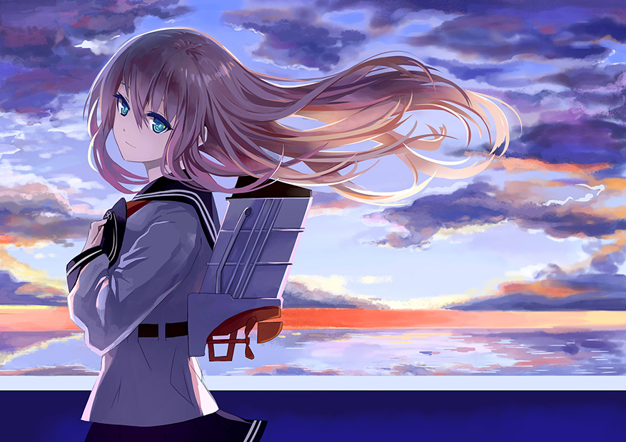 1girl anchor_symbol belt black_skirt blue_eyes closed_mouth clouds devildogs eyelashes flat_cap floating_hair from_side hair_between_eyes hand_on_own_chest hat hat_removed headwear_removed hibiki_(kantai_collection) holding holding_hat kantai_collection light_smile long_hair looking_at_viewer no_hat ocean school_uniform serafuku silver_hair skirt sky smile solo sunrise wind