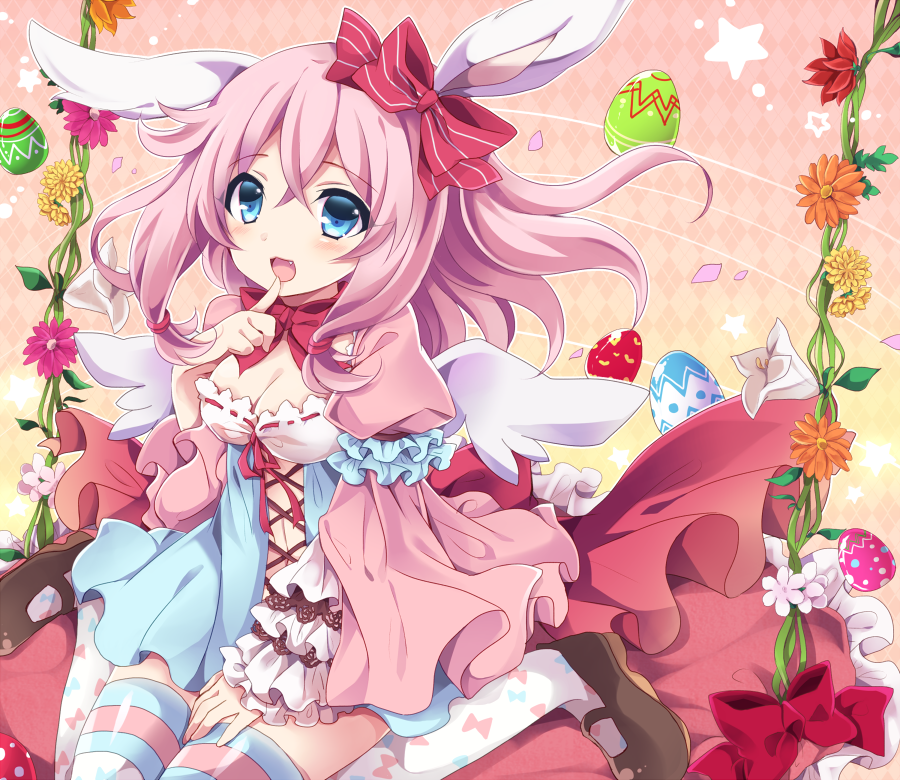 1girl angel_wings animal_ears arm_strap blue_dress blue_eyes breasts cleavage commentary dress easter_egg fang finger_to_mouth flower hair_ribbon happy_easter juliet_sleeves long_sleeves looking_at_viewer multicolored_dress open_mouth original pink_dress pink_hair puffy_sleeves rabbit_ears ribbon sitting smile solo striped striped_legwear thigh-highs thighs uguisu_mochi_(ykss35) wariza wide_sleeves wings