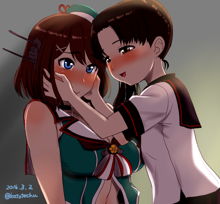 2girls after_kiss ayanami_(kantai_collection) blue_eyes blush breasts brown_hair dated hair_ornament hairclip hands_on_another's_cheeks hands_on_another's_face hat headgear kantai_collection katou_techu large_breasts long_hair looking_at_another maya_(kantai_collection) midriff multiple_girls open_mouth remodel_(kantai_collection) saliva saliva_trail school_uniform serafuku short_hair short_sleeves side_ponytail sleeveless smile twitter_username yuri
