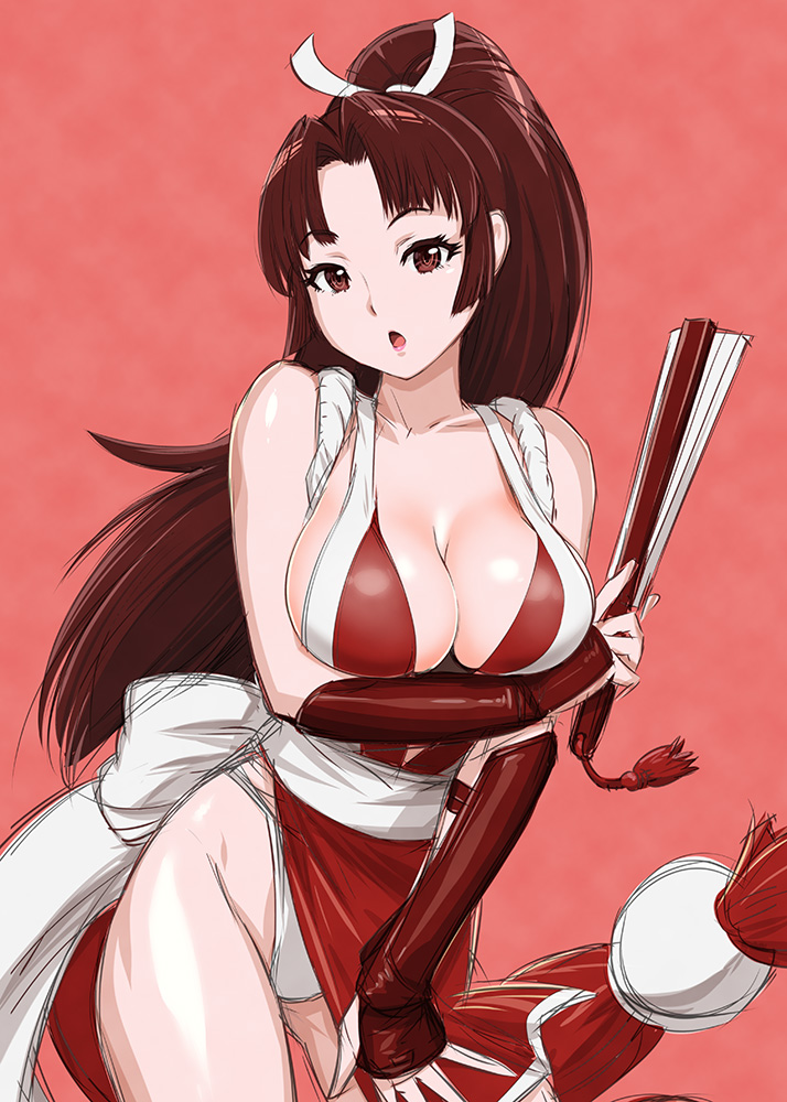1girl bare_hips bare_shoulders breasts brown_eyes brown_hair center_opening cleavage fan fatal_fury folding_fan gauntlets hair_ribbon large_breasts long_hair looking_at_viewer no_bra open_mouth panties pelvic_curtain ponytail revealing_clothes ribbon shiranui_mai side_slit sideboob solo the_king_of_fighters ueyama_michirou underwear very_long_hair white_panties