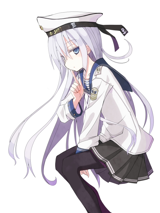 1girl anchor_symbol between_legs blue_eyes collarbone finger_to_mouth from_side hand_between_legs hat hibiki_(kantai_collection) kantai_collection long_hair looking_at_viewer mochiki neckerchief pantyhose pleated_skirt russian sailor_hat school_uniform serafuku silver_hair skirt solo uniform white_background