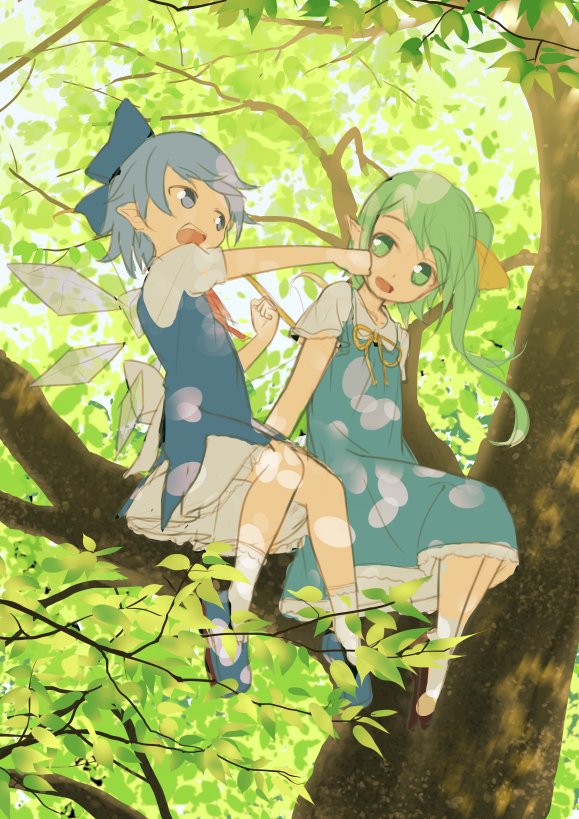 2girls blue_dress blue_eyes blue_hair blue_shoes bow cirno clenched_hands daiyousei dress green_eyes green_hair hair_bow hair_ribbon ice ice_wings in_tree irigoma_(jikabi_baisen) leaf multiple_girls open_mouth pointy_ears puffy_short_sleeves puffy_sleeves ribbon shoes short_hair short_sleeves side_ponytail sitting sitting_in_tree smile socks touhou tree wings