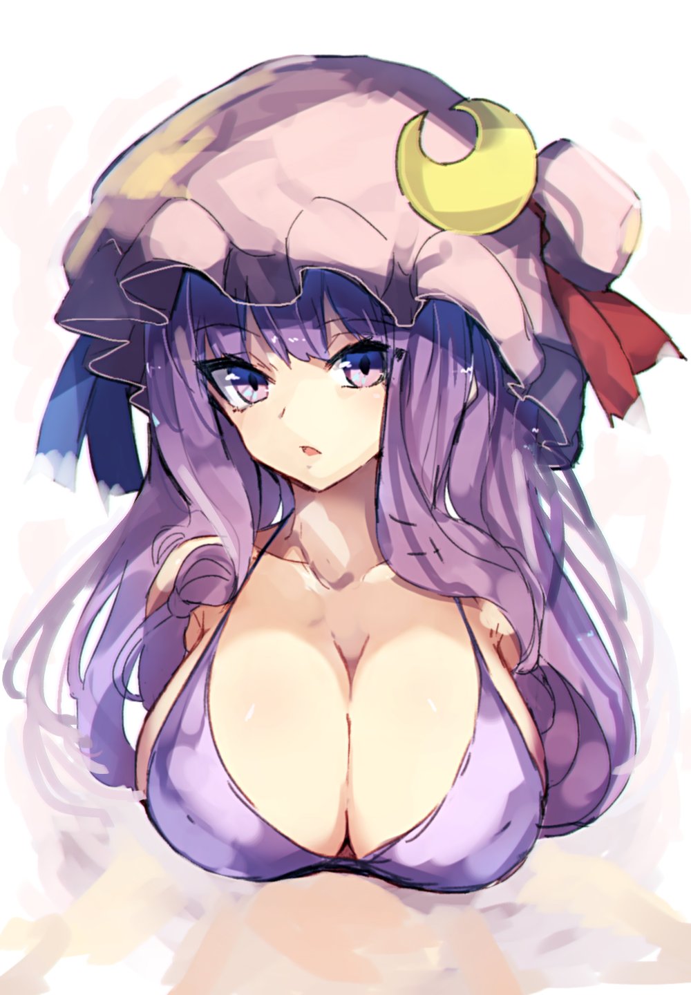 1girl bei_mochi bikini blush breasts cleavage hat highres large_breasts long_hair mob_cap open_mouth patchouli_knowledge purple_bikini purple_hair simple_background sketch solo swimsuit touhou violet_eyes white_background