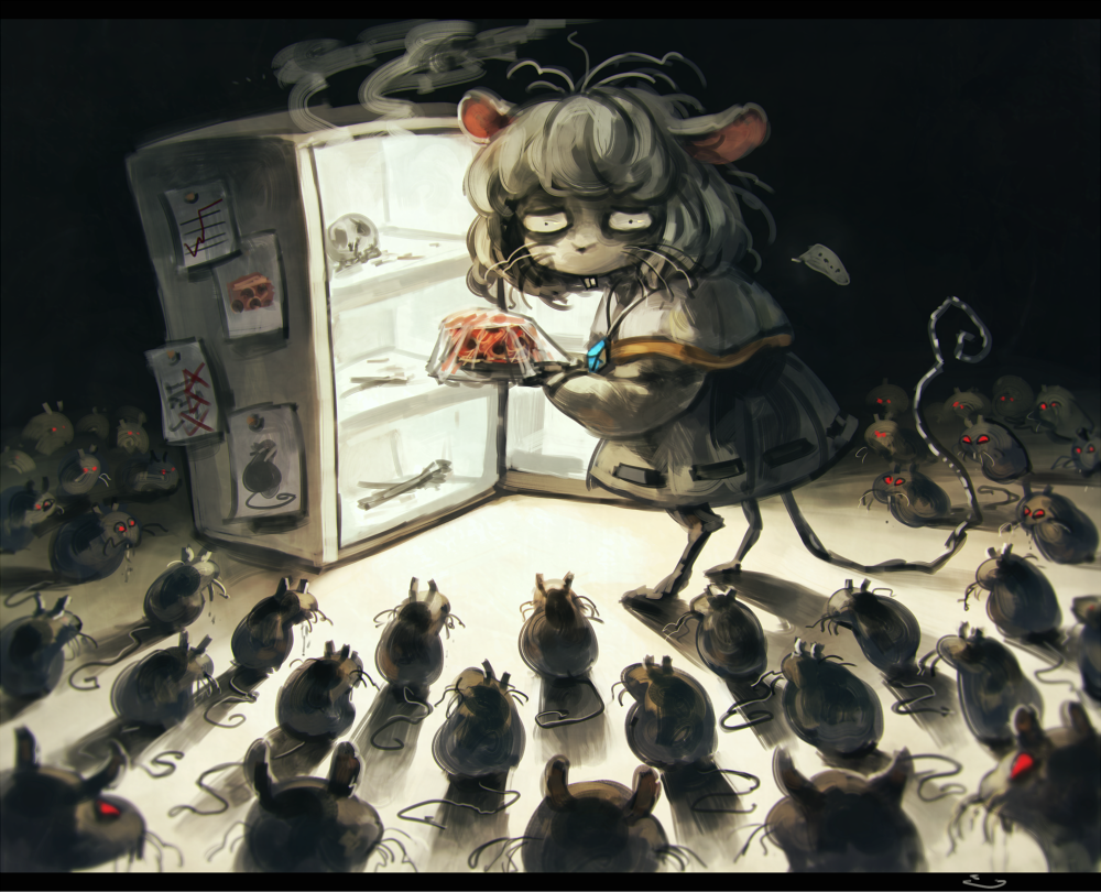 ... 1girl animal_ears bone buck_teeth capelet cheese commentary drooling koto_inari messy_hair mouse mouse_ears mouse_tail nazrin red_eyes refrigerator ribbon_trim saliva skull solo spoken_ellipsis surrounded tail too_many_mice touhou whiskers