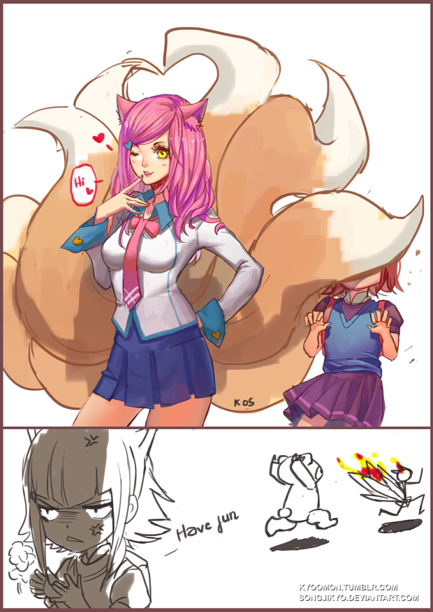 2girls 2koma academy_ahri ahri anger_vein angry animal_ears annie_hastur backpack bag bangs bear blush burning comic contrapposto covering_face cowboy_shot english fake_animal_ears finger_to_mouth fleeing fox_ears fox_tail hair_ornament hairclip hand_on_hip heart heart_hair_ornament league_of_legends lips long_hair miniskirt multiple_girls multiple_tails necktie one_eye_closed pink_hair pleated_skirt randoseru redhead school_uniform scowl serafuku short_hair skirt songjikyo stick_figure surprised surprised_arms sweater_vest swept_bangs tail tibbers triangle_mouth watermark web_address wing_collar yellow_eyes
